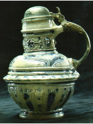 Stoneware Jug Blue/grey saltgaze stoneware jug with pewter lid/handle