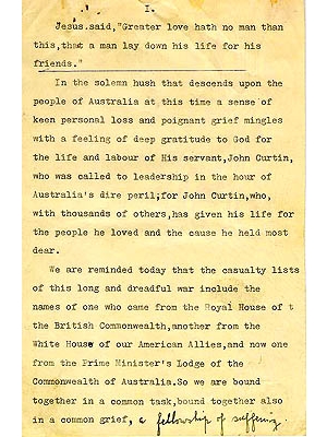 Manuscript Eulogy written by the Reverend Hector Harrison for John Curtin's funeral