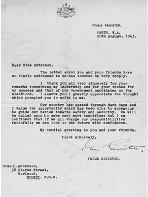 Letter Letter from John Curtin to Miss Irene Anderson 1943